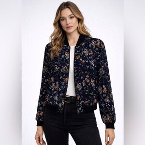 Sale!!! Zara Trafaluc Outerwear size S Floral Bomber Jacket Full Zip Navy Blue